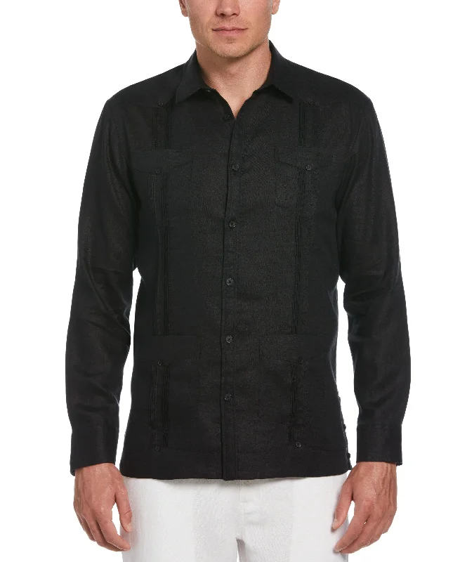 100% Linen Classic Guayabera Shirt - Long Sleeve - Black