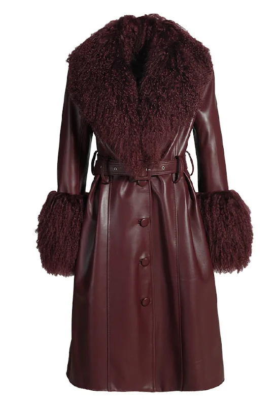 ADARA Burgundy Leather Coat with Mongolian Fur