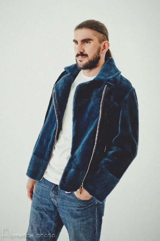 Beaver Fur Bomber Coat (Blue)