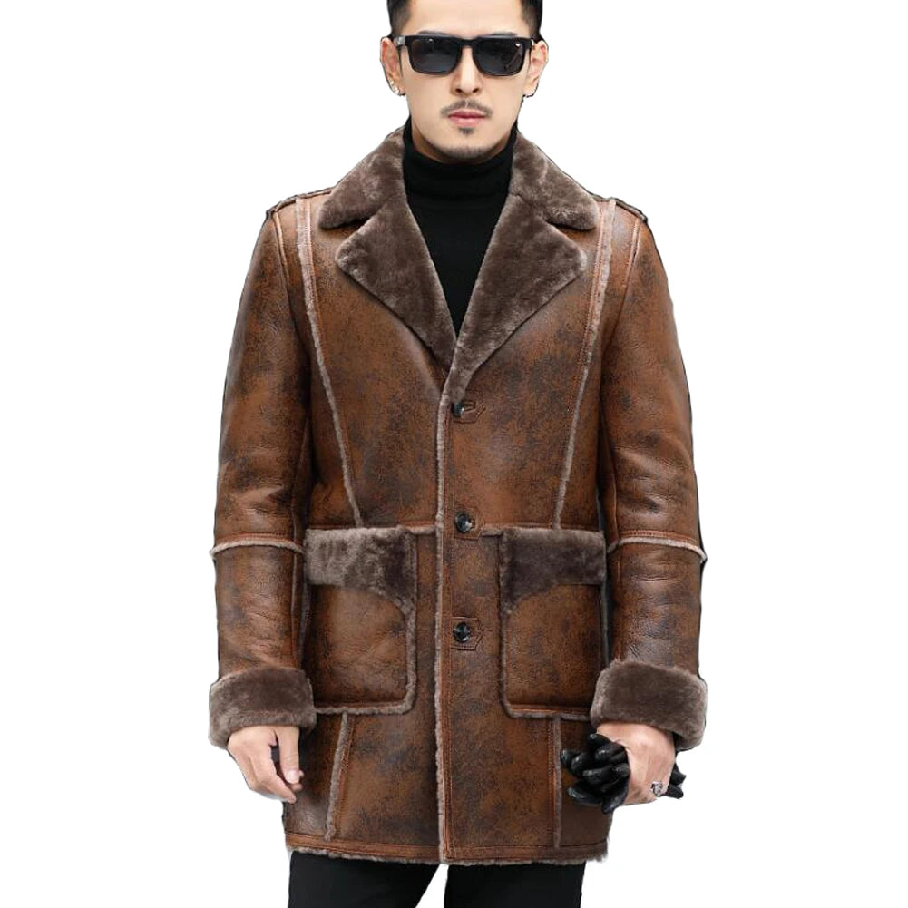 Brown Color Shearling Sheepskin Leather Single Breasted Long Coat for Men