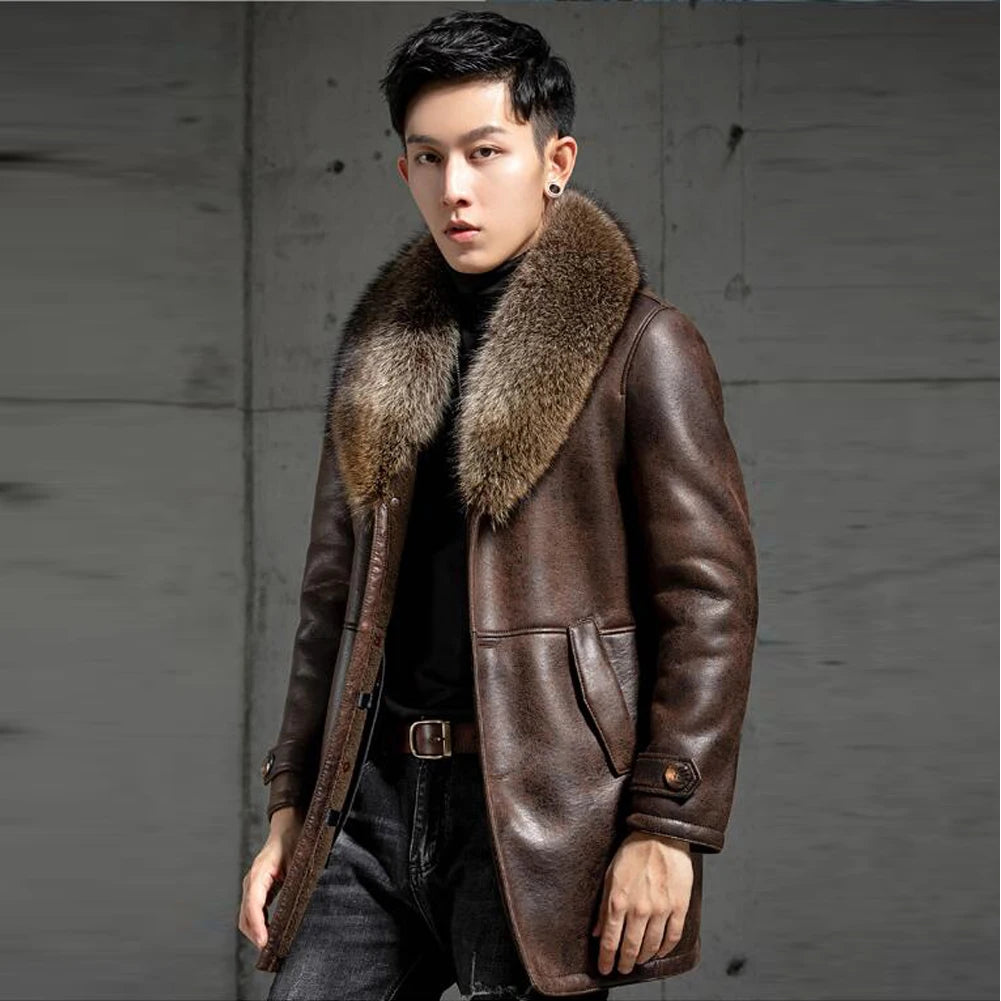 Men's Brown Shearling Sheepskin Leather Single Breasted Mid-length Winter Coat