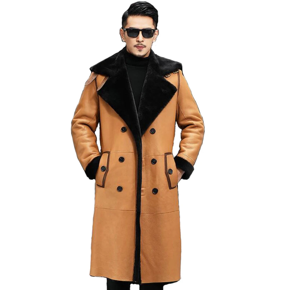 Men's Double Breasted Shearling Sheepskin Leather Long Winter Coat