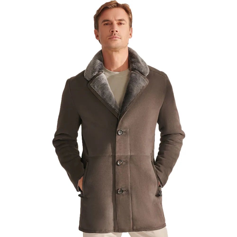 Men's Winter Mid-length Shearling Sheepskin Single-Breasted Wool Lined Coat