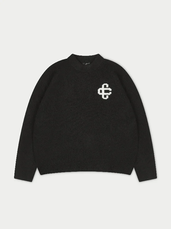 FLUFFY KNIT EMBLEM CREW - BLACK