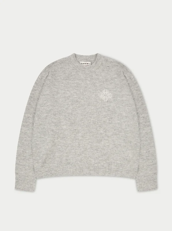 LIGHTWEIGHT FLUFFY KNIT EMBLEM CREW - GREY MARL