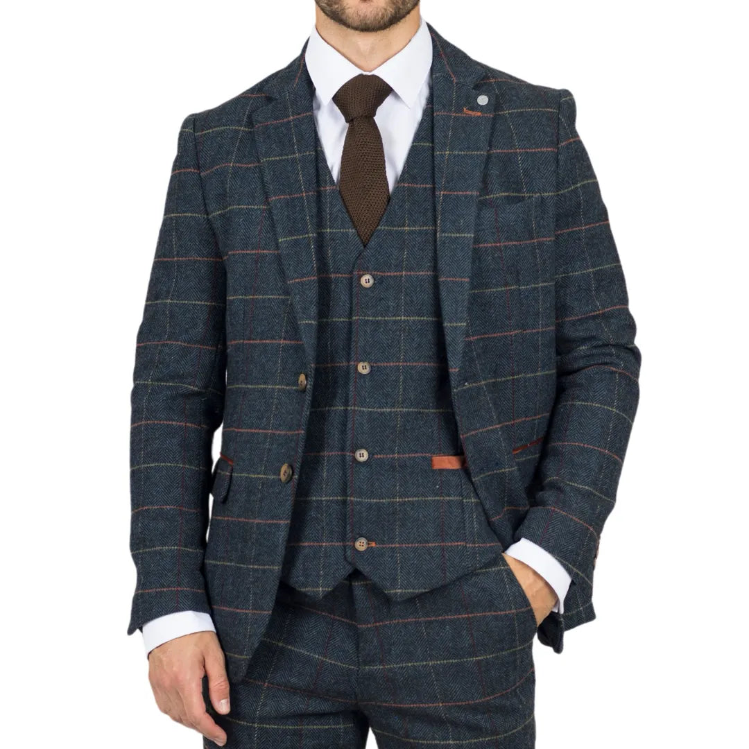 Archer - Men's Navy Checked Herringbone Tweed Blazer