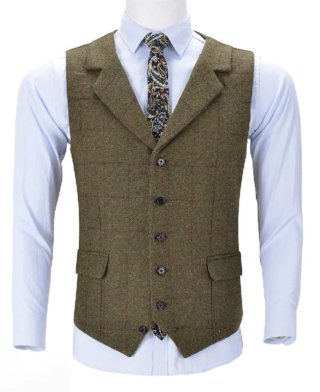 Army Green Formal Plaid Notch Lapel Waistcoat Slim Fit Suit Vest