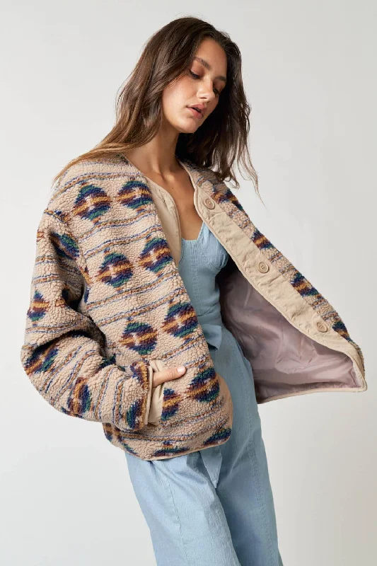 Aztec Printed Sherpa Jacket with Pockets