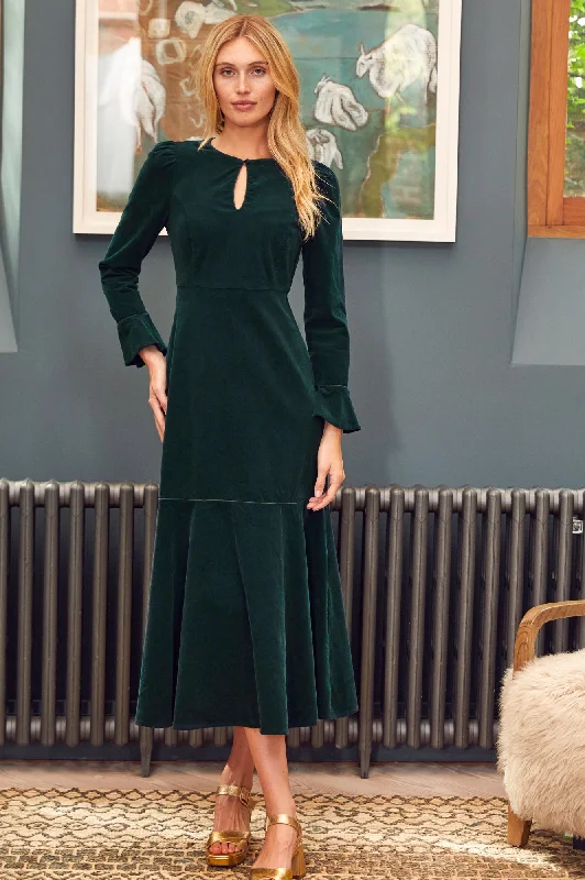 Paloma Round Neck Long Sleeve Stretch Corduroy Dress | Bottle Green