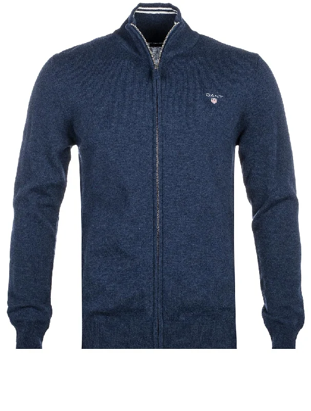 Super Fine Lambswool Zip Cardigan Dark Navy Melange